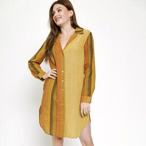 MYSTREE Mustard Rust Striped Button Down Shirt Dress Boho Fall Style